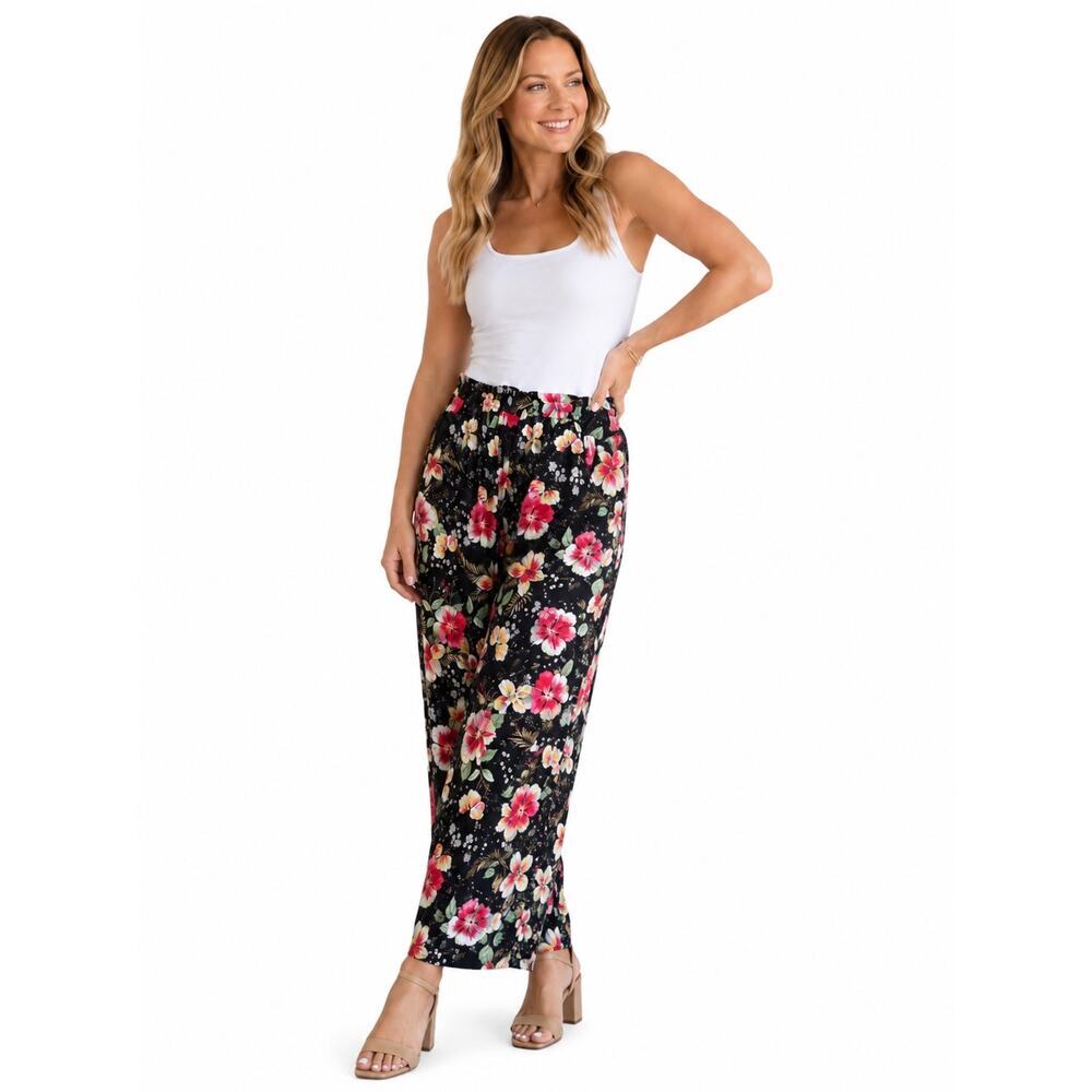 Zara Floral Wide Leg Pants Medium Black Tropical Elastic Waist Resort Boho